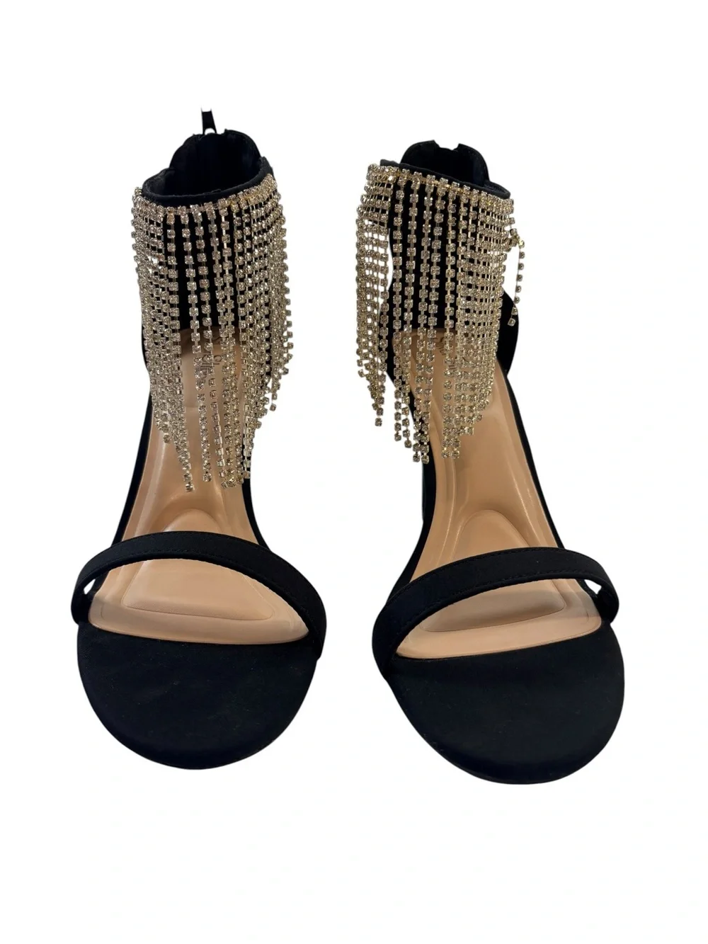 Silver Slipper Fiona Black Rhinestone Fringe Heels Size 8.5M Dress Sandals NIB